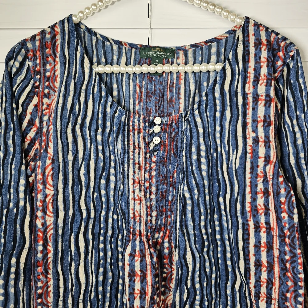 LRL Ralph Lauren Pintuck Peasant Top with 3/4 Sleeves - Picture 2 of 13